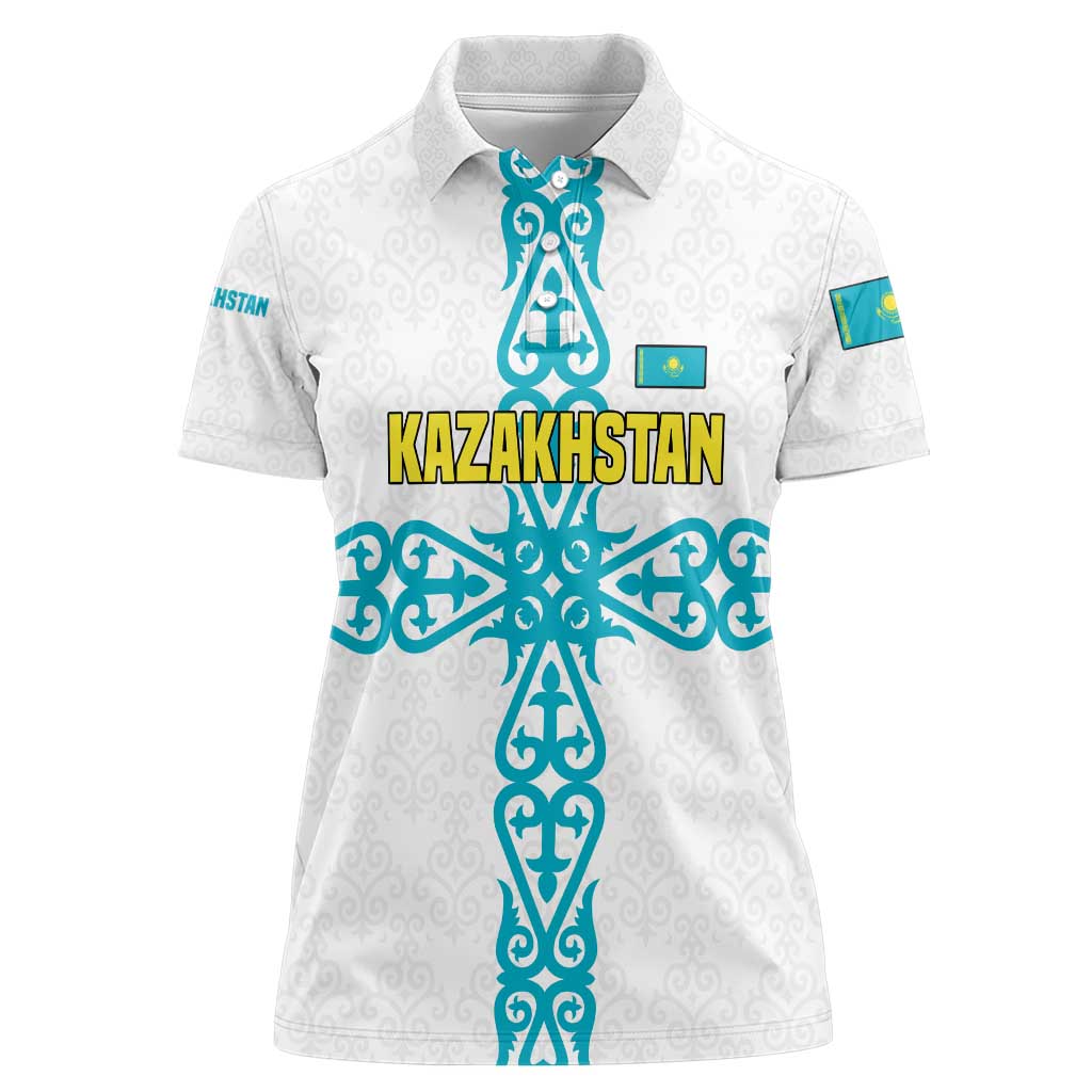 Kazakhstan National Symbols Women Polo Shirt with Tribal Animal Crest and Blue Ethnic Motif on White