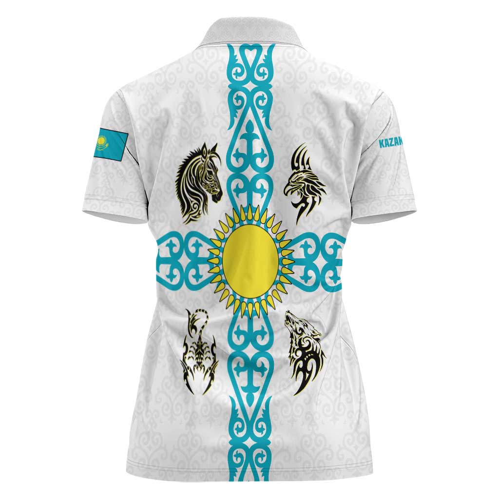 Kazakhstan National Symbols Women Polo Shirt with Tribal Animal Crest and Blue Ethnic Motif on White
