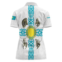 Kazakhstan National Symbols Women Polo Shirt with Tribal Animal Crest and Blue Ethnic Motif on White