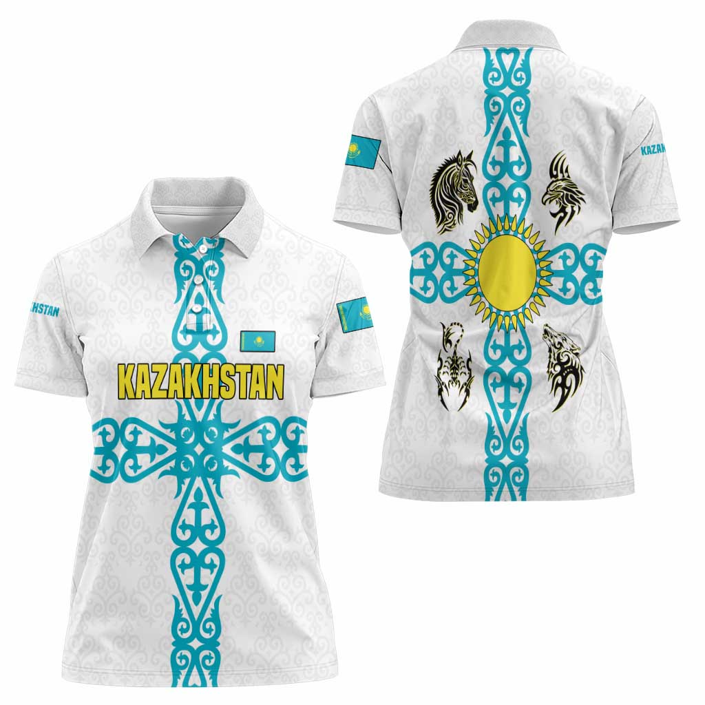 Kazakhstan National Symbols Women Polo Shirt with Tribal Animal Crest and Blue Ethnic Motif on White