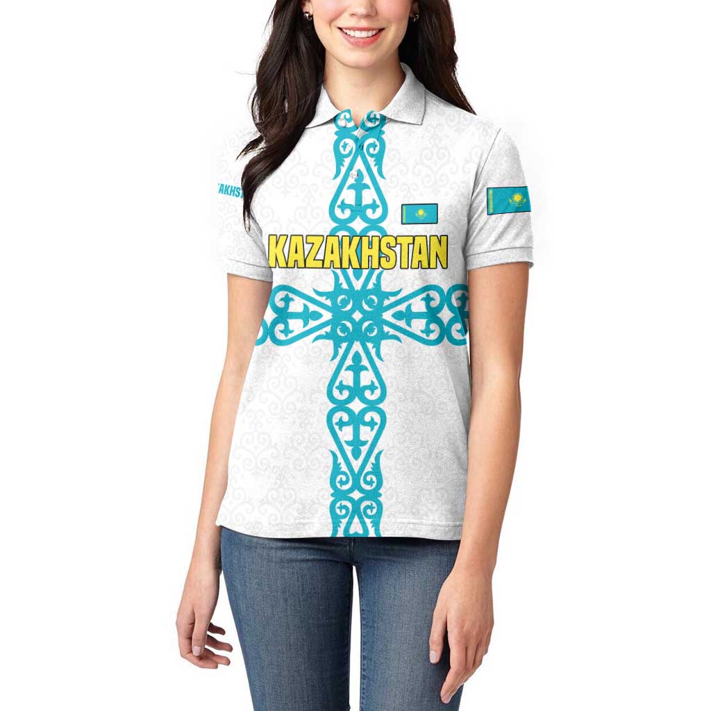 Kazakhstan National Symbols Women Polo Shirt with Tribal Animal Crest and Blue Ethnic Motif on White