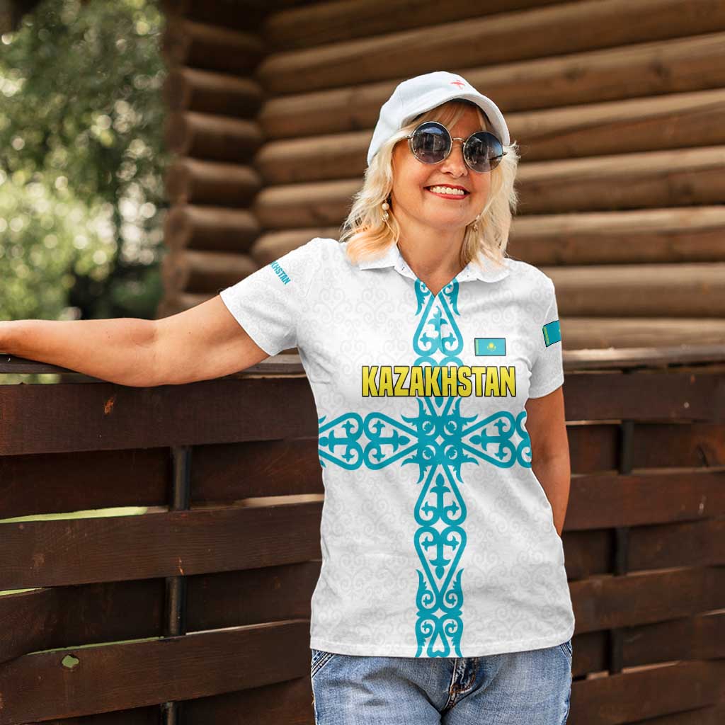 Kazakhstan National Symbols Women Polo Shirt with Tribal Animal Crest and Blue Ethnic Motif on White