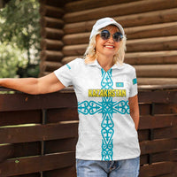 Kazakhstan National Symbols Women Polo Shirt with Tribal Animal Crest and Blue Ethnic Motif on White