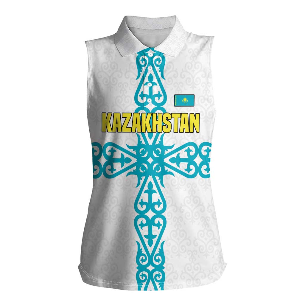 Kazakhstan National Symbols Women Sleeveless Polo Shirt with Tribal Animal Crest and Blue Ethnic Motif on White