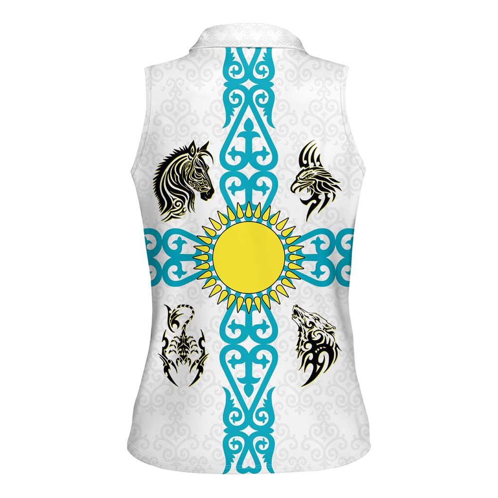Kazakhstan National Symbols Women Sleeveless Polo Shirt with Tribal Animal Crest and Blue Ethnic Motif on White