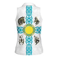 Kazakhstan National Symbols Women Sleeveless Polo Shirt with Tribal Animal Crest and Blue Ethnic Motif on White
