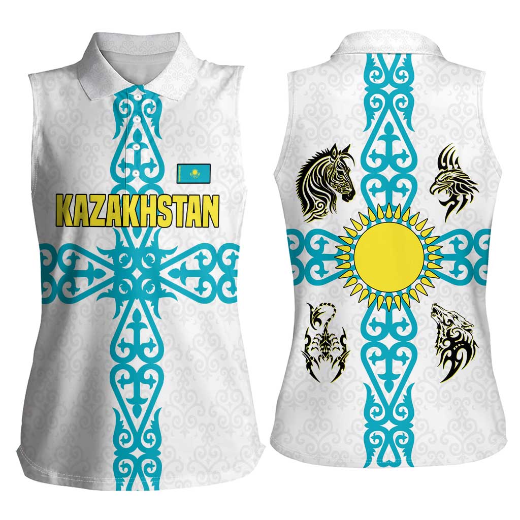 Kazakhstan National Symbols Women Sleeveless Polo Shirt with Tribal Animal Crest and Blue Ethnic Motif on White