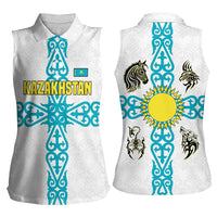Kazakhstan National Symbols Women Sleeveless Polo Shirt with Tribal Animal Crest and Blue Ethnic Motif on White