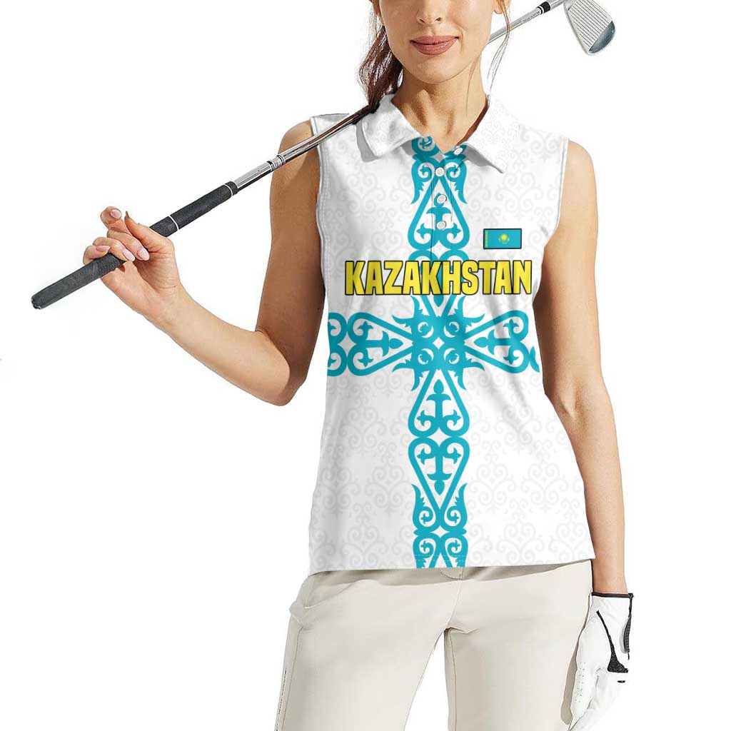 Kazakhstan National Symbols Women Sleeveless Polo Shirt with Tribal Animal Crest and Blue Ethnic Motif on White