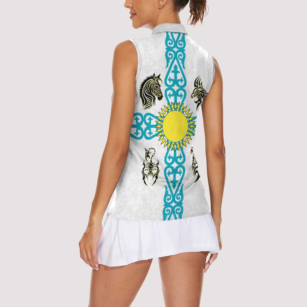 Kazakhstan National Symbols Women Sleeveless Polo Shirt with Tribal Animal Crest and Blue Ethnic Motif on White