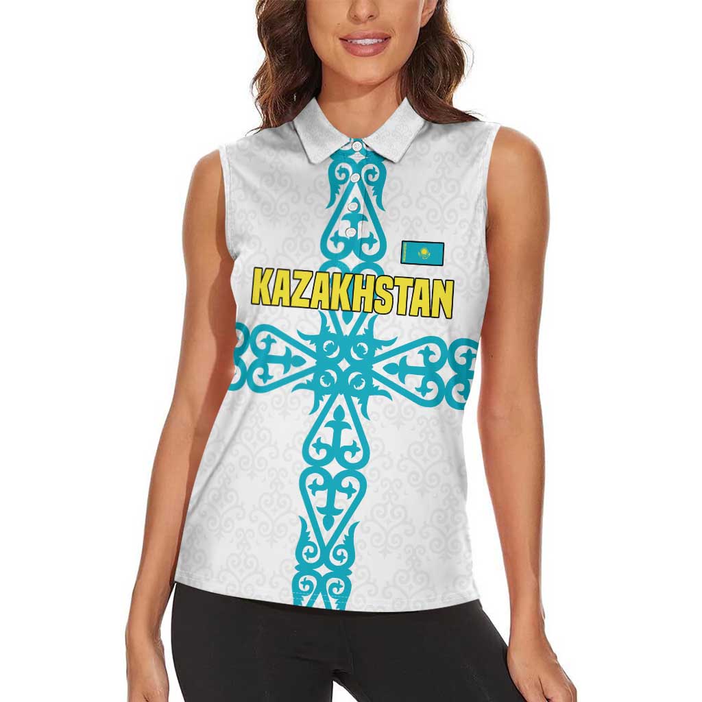 Kazakhstan National Symbols Women Sleeveless Polo Shirt with Tribal Animal Crest and Blue Ethnic Motif on White