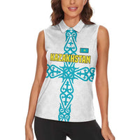 Kazakhstan National Symbols Women Sleeveless Polo Shirt with Tribal Animal Crest and Blue Ethnic Motif on White