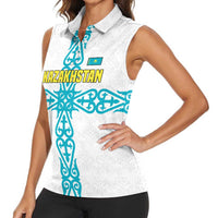 Kazakhstan National Symbols Women Sleeveless Polo Shirt with Tribal Animal Crest and Blue Ethnic Motif on White