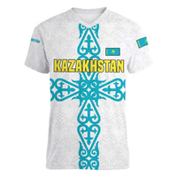 Kazakhstan National Symbols Women V-Neck T-Shirt with Tribal Animal Crest and Blue Ethnic Motif on White