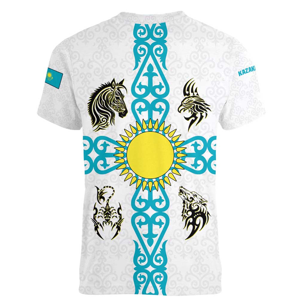 Kazakhstan National Symbols Women V-Neck T-Shirt with Tribal Animal Crest and Blue Ethnic Motif on White