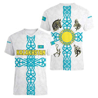 Kazakhstan National Symbols Women V-Neck T-Shirt with Tribal Animal Crest and Blue Ethnic Motif on White