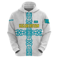 Kazakhstan National Symbols Zip Hoodie with Tribal Animal Crest and Blue Ethnic Motif on White