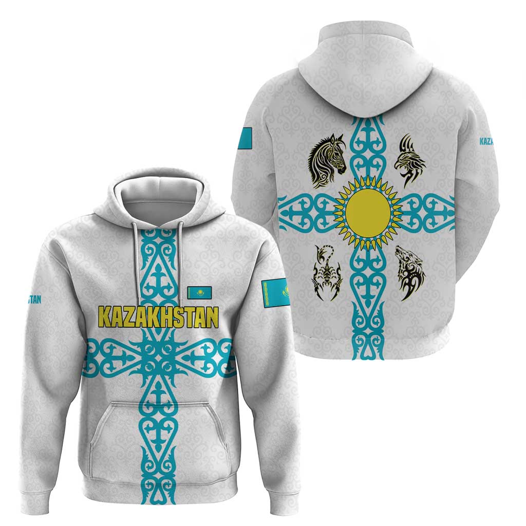 Kazakhstan National Symbols Zip Hoodie with Tribal Animal Crest and Blue Ethnic Motif on White