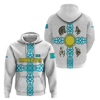 Kazakhstan National Symbols Zip Hoodie with Tribal Animal Crest and Blue Ethnic Motif on White