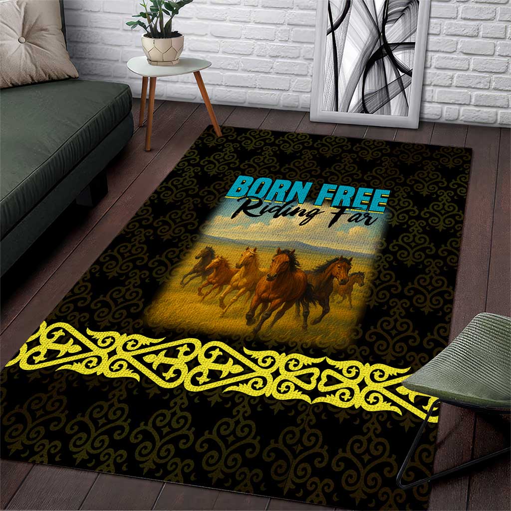 Kazakhstan Born Free Riding Far Area Rug with Wild Horses and Gold Tribal Pattern on Black
