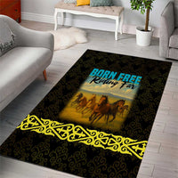 Kazakhstan Born Free Riding Far Area Rug with Wild Horses and Gold Tribal Pattern on Black