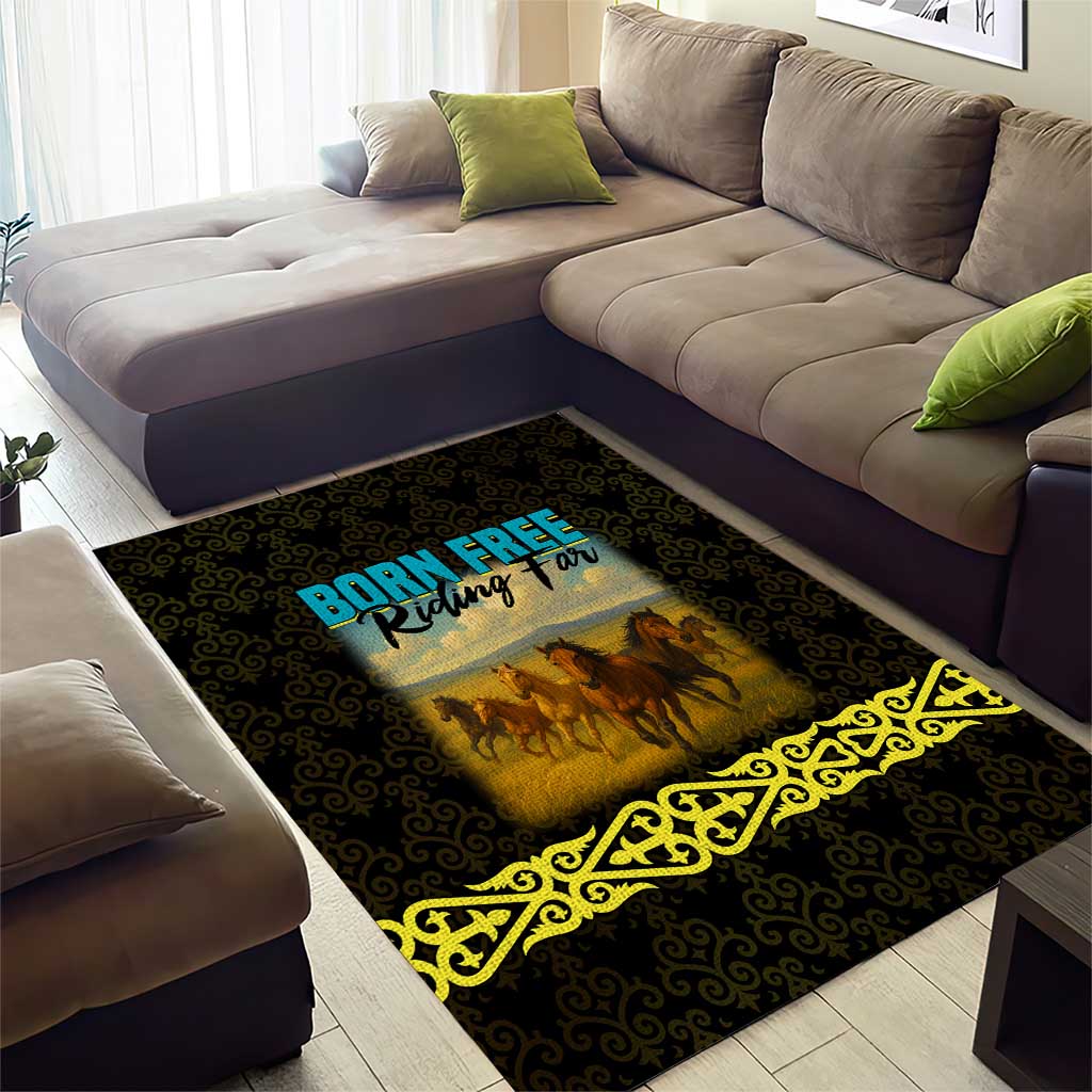 Kazakhstan Born Free Riding Far Area Rug with Wild Horses and Gold Tribal Pattern on Black