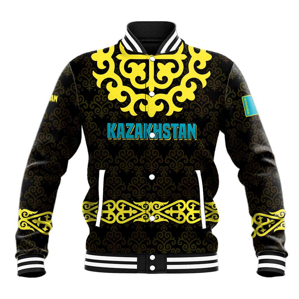 Kazakhstan Born Free Riding Far Baseball Jacket with Wild Horses and Gold Tribal Pattern on Black
