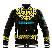 Kazakhstan Born Free Riding Far Baseball Jacket with Wild Horses and Gold Tribal Pattern on Black