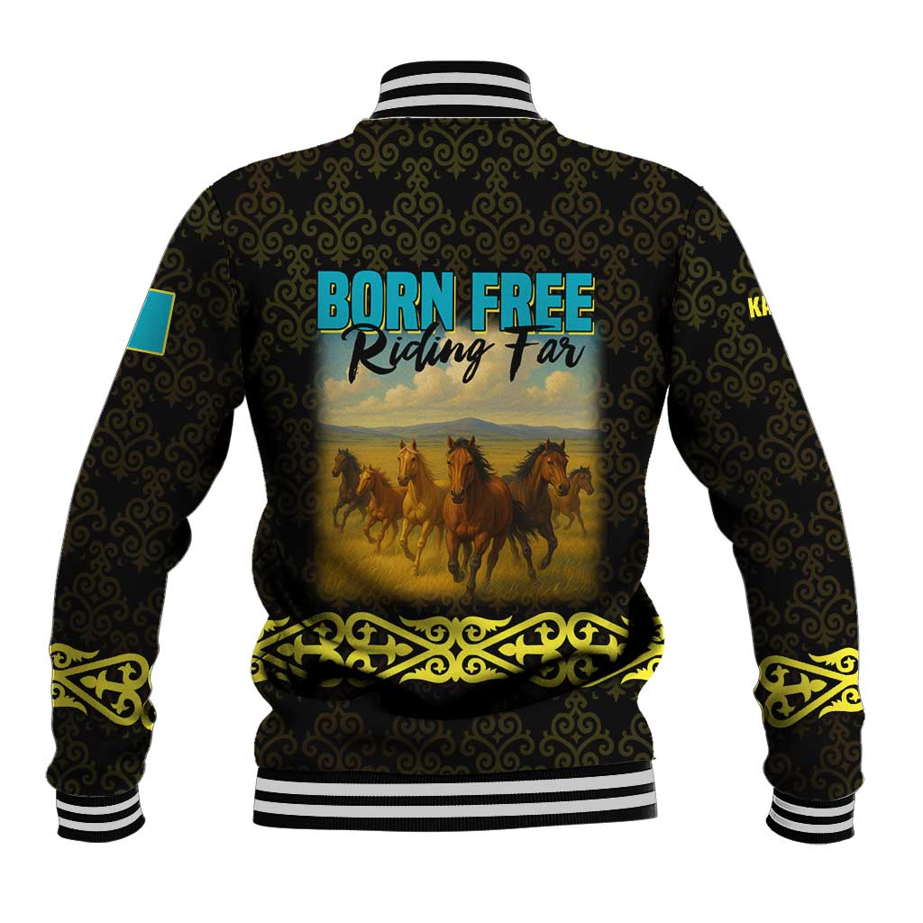 Kazakhstan Born Free Riding Far Baseball Jacket with Wild Horses and Gold Tribal Pattern on Black