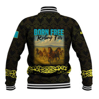 Kazakhstan Born Free Riding Far Baseball Jacket with Wild Horses and Gold Tribal Pattern on Black