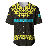 Kazakhstan Born Free Riding Far Baseball Jersey with Wild Horses and Gold Tribal Pattern on Black