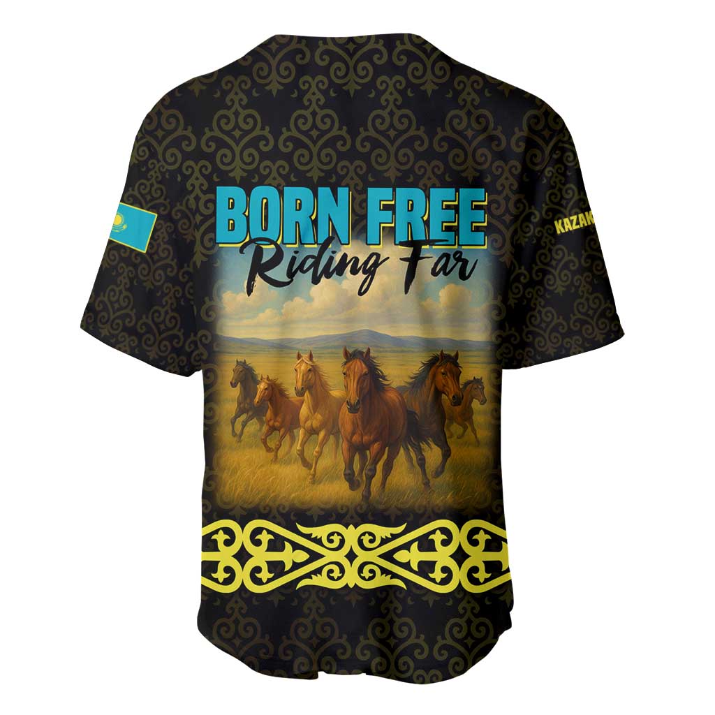 Kazakhstan Born Free Riding Far Baseball Jersey with Wild Horses and Gold Tribal Pattern on Black