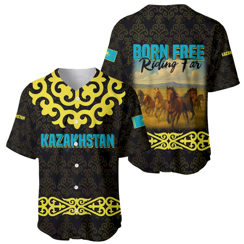 Kazakhstan Born Free Riding Far Baseball Jersey with Wild Horses and Gold Tribal Pattern on Black