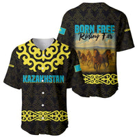Kazakhstan Born Free Riding Far Baseball Jersey with Wild Horses and Gold Tribal Pattern on Black