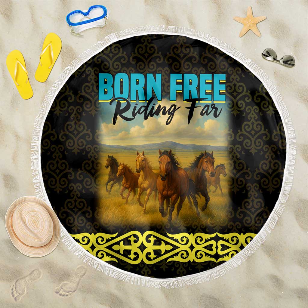 Kazakhstan Born Free Riding Far Beach Blanket with Wild Horses and Gold Tribal Pattern on Black