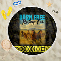 Kazakhstan Born Free Riding Far Beach Blanket with Wild Horses and Gold Tribal Pattern on Black
