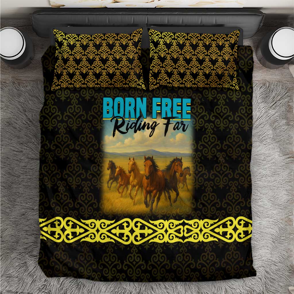 Kazakhstan Born Free Riding Far Bedding Set with Wild Horses and Gold Tribal Pattern on Black