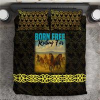 Kazakhstan Born Free Riding Far Bedding Set with Wild Horses and Gold Tribal Pattern on Black