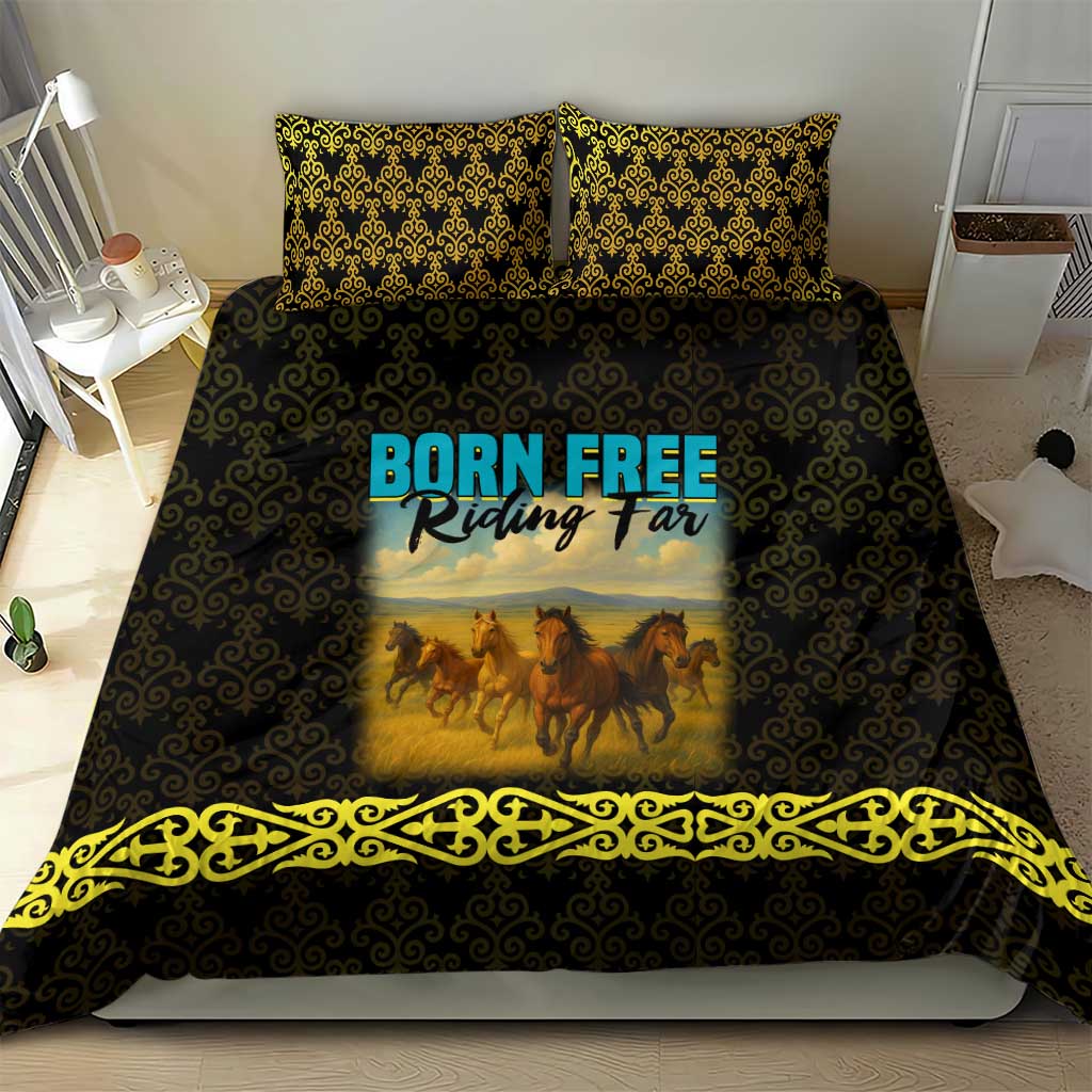 Kazakhstan Born Free Riding Far Bedding Set with Wild Horses and Gold Tribal Pattern on Black