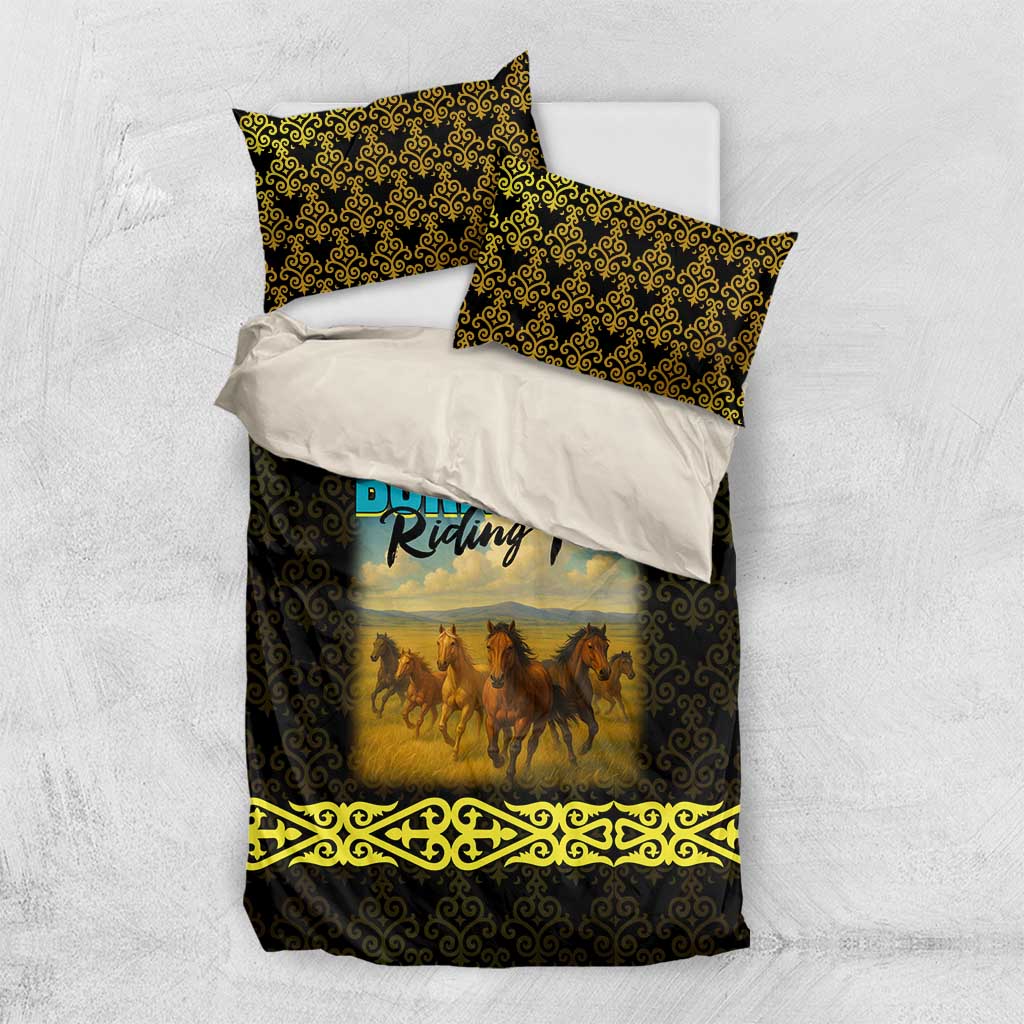 Kazakhstan Born Free Riding Far Bedding Set with Wild Horses and Gold Tribal Pattern on Black