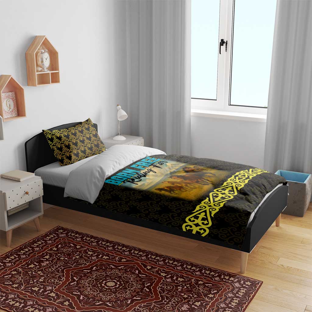 Kazakhstan Born Free Riding Far Bedding Set with Wild Horses and Gold Tribal Pattern on Black