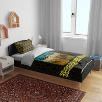 Kazakhstan Born Free Riding Far Bedding Set with Wild Horses and Gold Tribal Pattern on Black