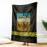 Kazakhstan Born Free Riding Far Blanket with Wild Horses and Gold Tribal Pattern on Black