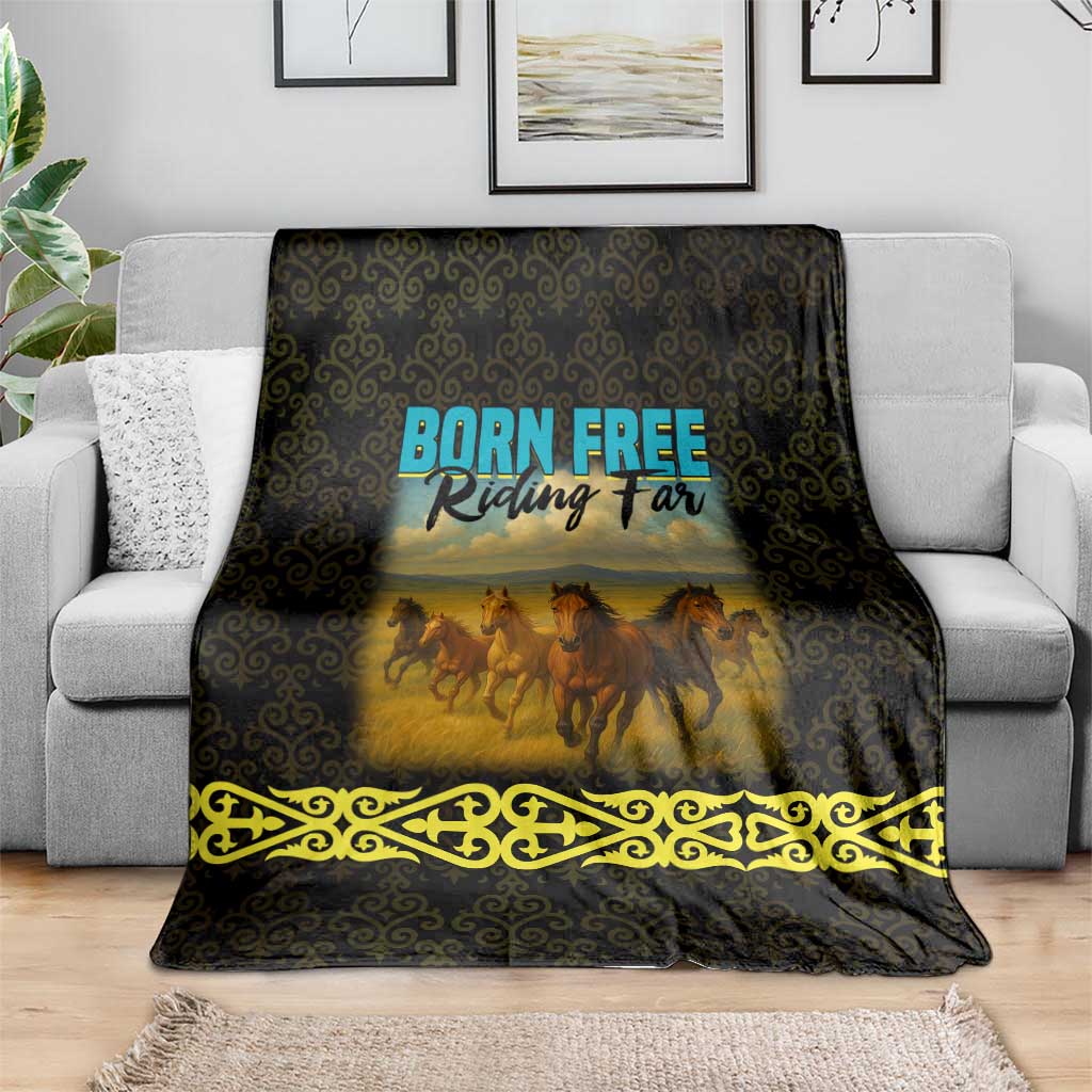 Kazakhstan Born Free Riding Far Blanket with Wild Horses and Gold Tribal Pattern on Black