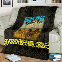 Kazakhstan Born Free Riding Far Blanket with Wild Horses and Gold Tribal Pattern on Black