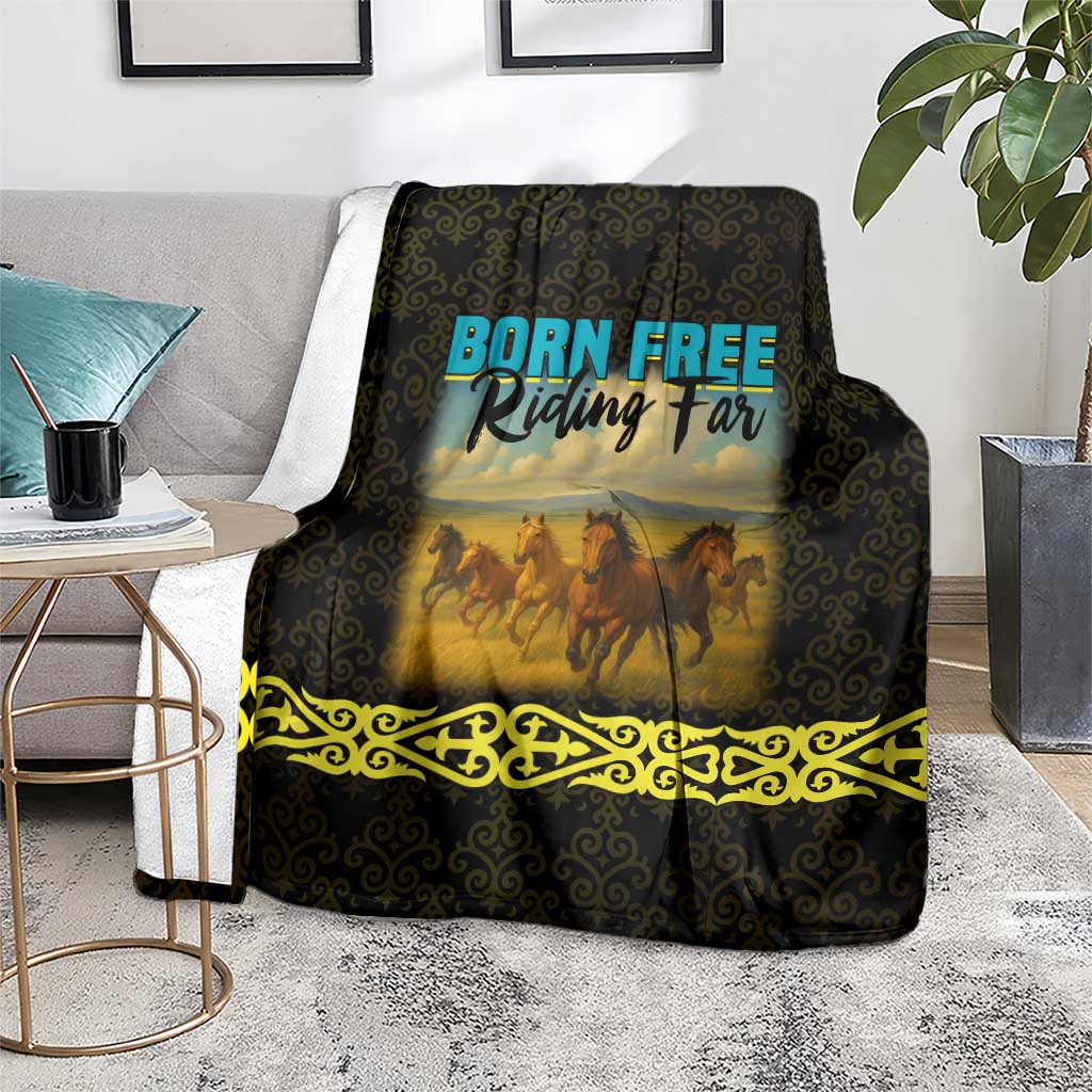 Kazakhstan Born Free Riding Far Blanket with Wild Horses and Gold Tribal Pattern on Black