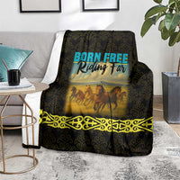 Kazakhstan Born Free Riding Far Blanket with Wild Horses and Gold Tribal Pattern on Black