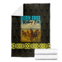 Kazakhstan Born Free Riding Far Blanket with Wild Horses and Gold Tribal Pattern on Black