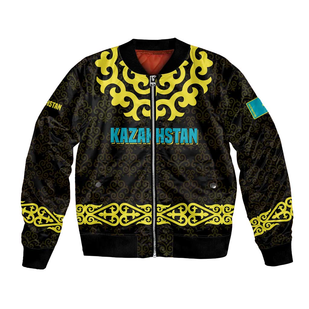 Kazakhstan Born Free Riding Far Bomber Jacket with Wild Horses and Gold Tribal Pattern on Black