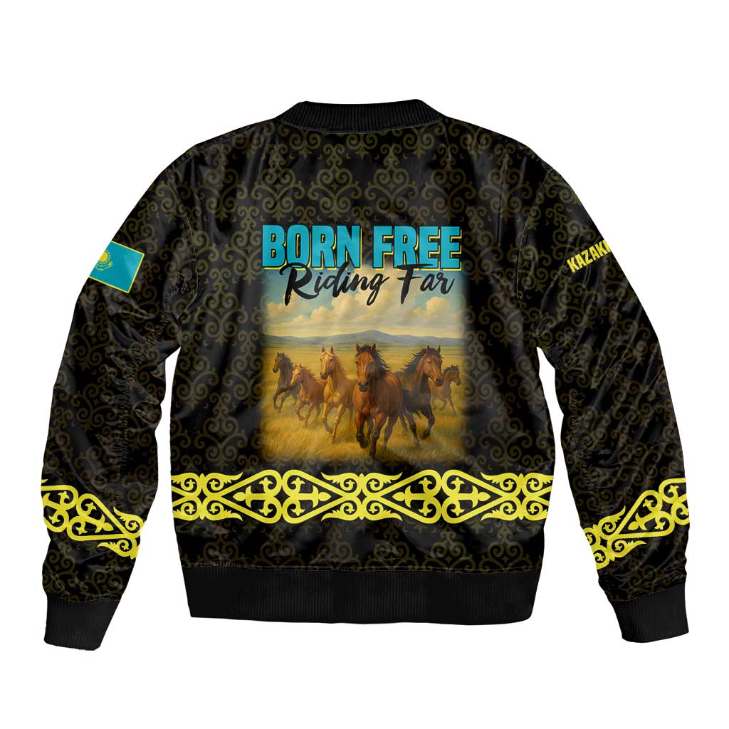 Kazakhstan Born Free Riding Far Bomber Jacket with Wild Horses and Gold Tribal Pattern on Black